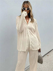 Ribbed 2-Piece Set: Lapel Cardigan Coat and High-Waist Straight Pants