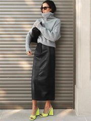 Faux Leather Mid-Calf Skirt