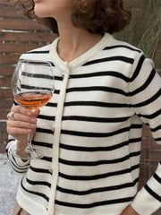 Striped Knit Cardigan – Loose Long Sleeve Sweater