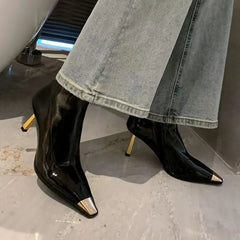 Fashion Patent Leather Metal Square Toe Women Ankle Boots