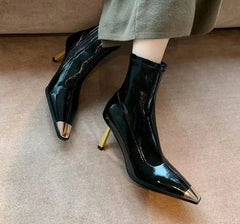 Fashion Patent Leather Metal Square Toe Women Ankle Boots