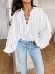 V-Neck Lace-Up Shirt – Puff Sleeve Casual Top