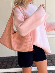 Pink Knit Sweater – Loose Patchwork Pullover