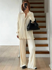 Ribbed 2-Piece Set: Lapel Cardigan Coat and High-Waist Straight Pants