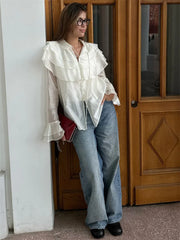 Ruffled Lace-Up Blouse – See-Through Long Sleeve Casual Top