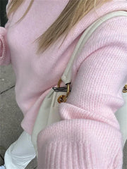 Pink Knit Sweater – Loose Patchwork Pullover