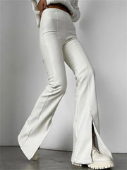 PU Leather Split Flared Pants Slim High Waist Wide Leg Trousers