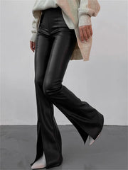 PU Leather Split Flared Pants Slim High Waist Wide Leg Trousers