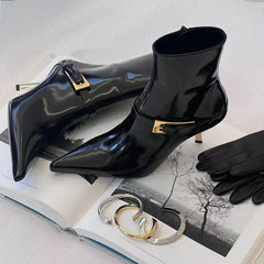 Fashion Patent Leather Metal Buckle Zip Women Ankle Boots