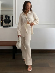 Ribbed 2-Piece Set: Lapel Cardigan Coat and High-Waist Straight Pants